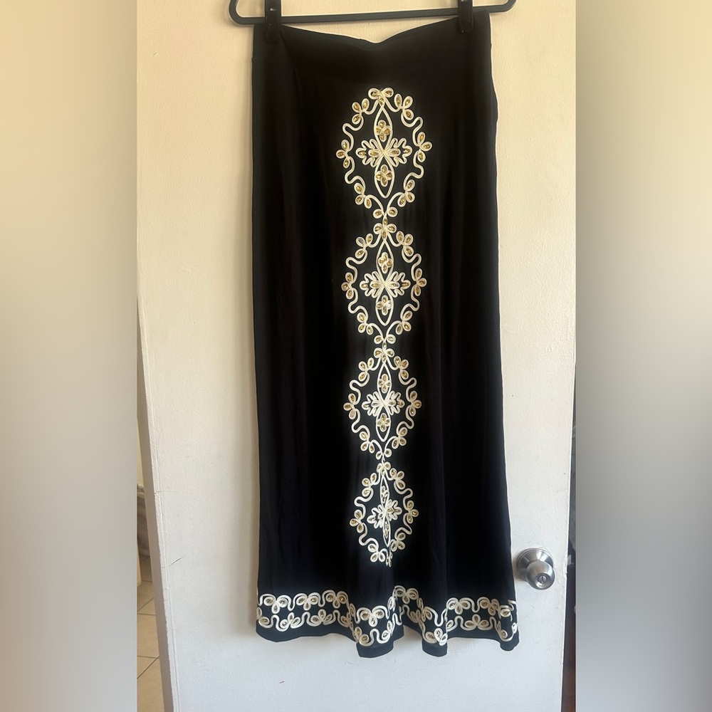 INC International Concepts Black Maxi Skirt with Gold Embroidery